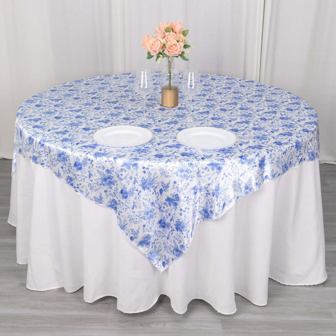 White Blue French Toile Floral Satin Table Overlay, Square Tablecloth Topper