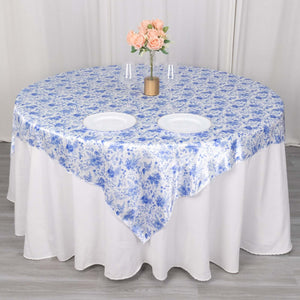 Satin Table Overlay 72"x72" White Blue with French Toile Floral Design - Classic Style for Refined Occasions