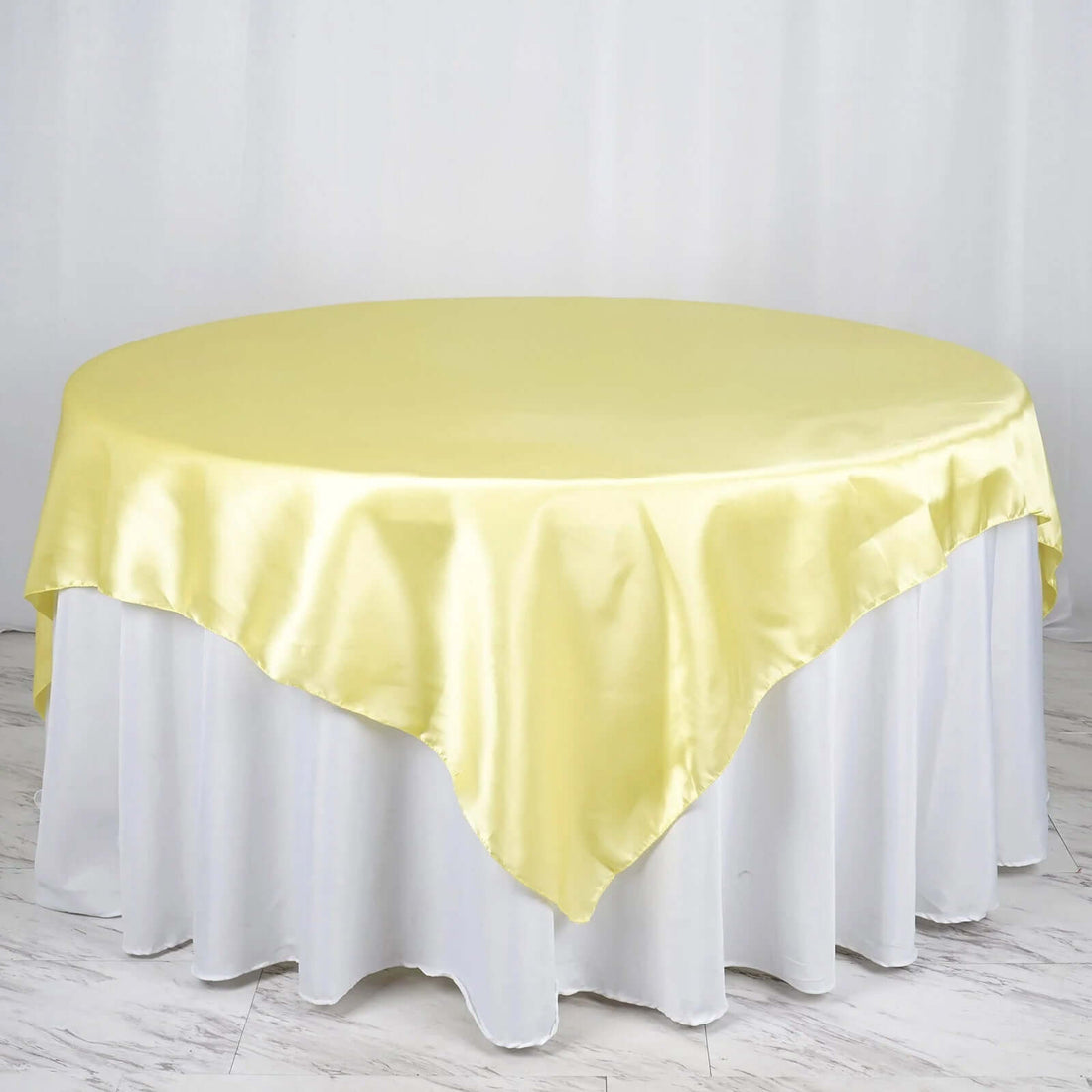 72 Inch x 72 Inch Yellow Satin Square Tablecloth Overlay