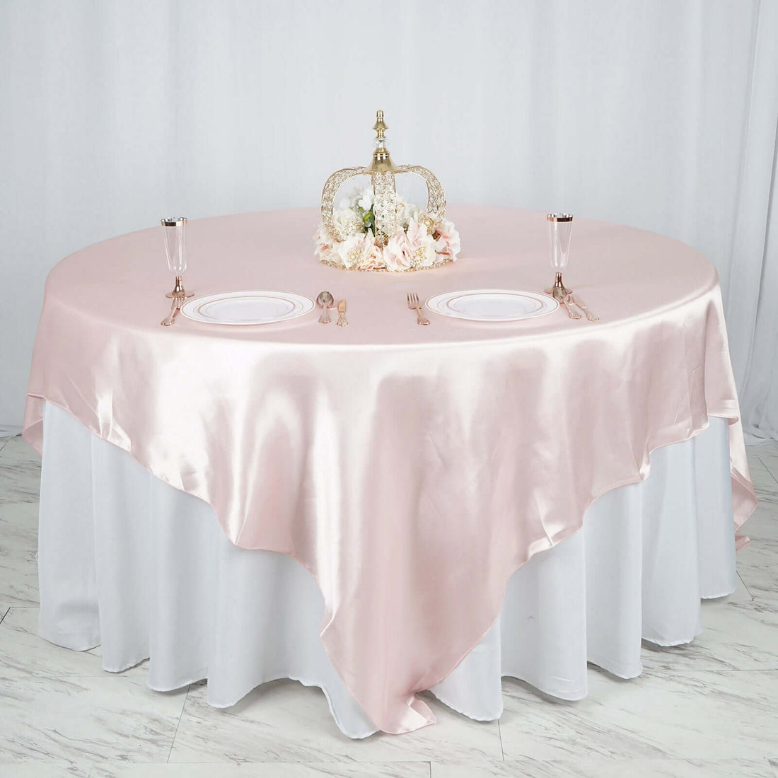 Table Overlay 90 Inch x 90 Inch In Blush Rose Gold Satin Square 