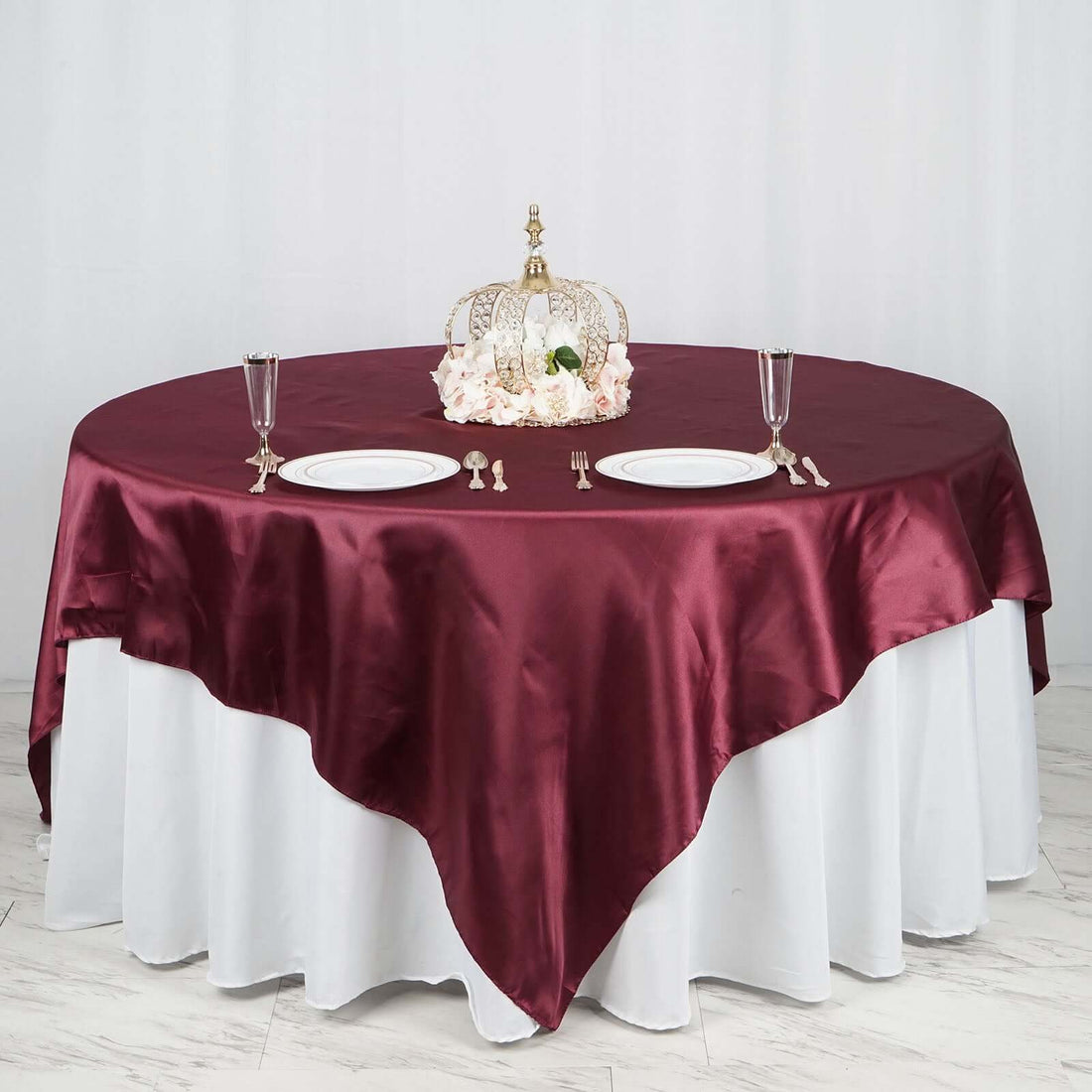 90 Inch x 90 Inch Burgundy Satin Square Tablecloth Overlay