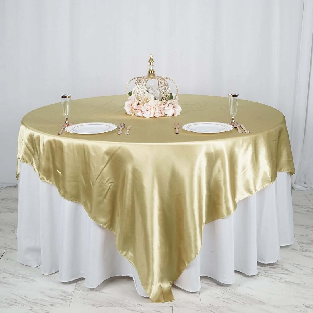 90 Inch x 90 Inch Champagne Satin Square Tablecloth Overlay