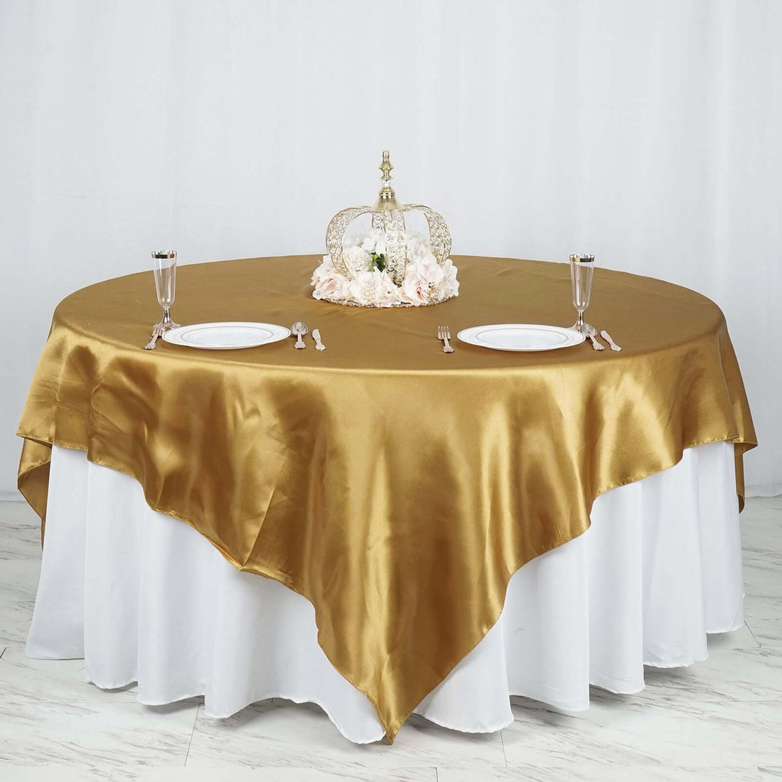 90 Inch x 90 Inch Gold Satin Square Tablecloth Overlay