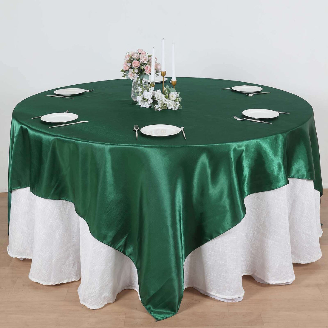 Hunter Emerald Green 90 Inch Square Satin Table Overlay
