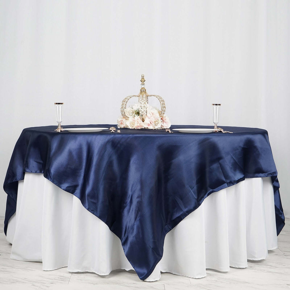 90 Inch x 90 Inch Navy Blue Satin Square Tablecloth Overlay