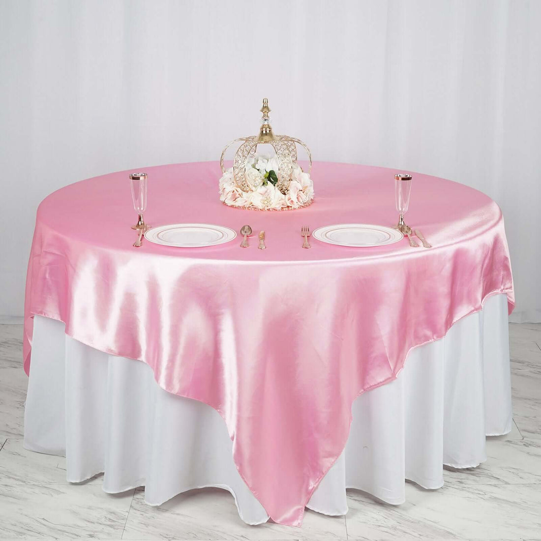 90 Inch x 90 Inch Pink Satin Square Tablecloth Overlay