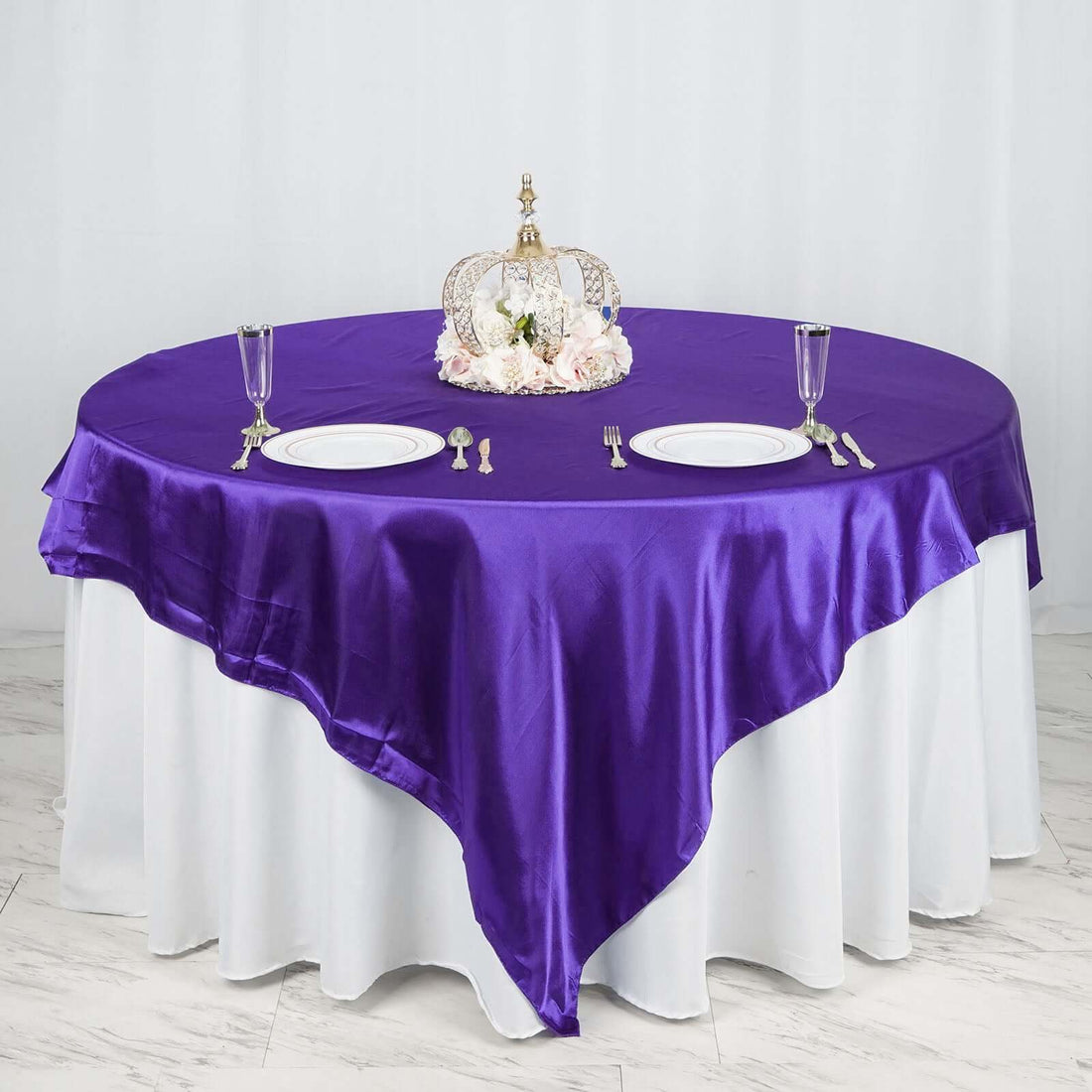 90 Inch x 90 Inch Purple Satin Square Tablecloth Overlay