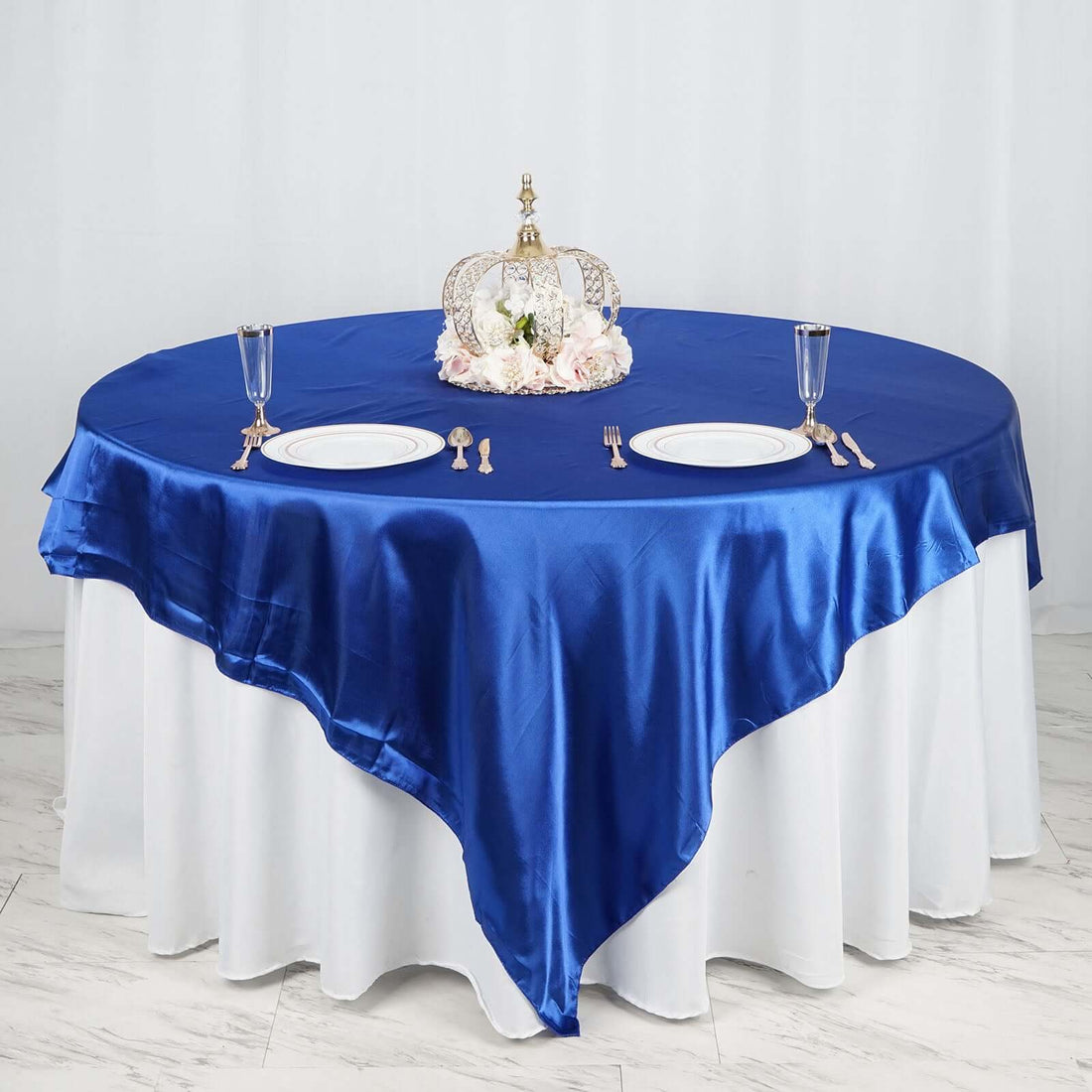 90 Inch x 90 Inch Royal Blue Satin Square Tablecloth Overlay