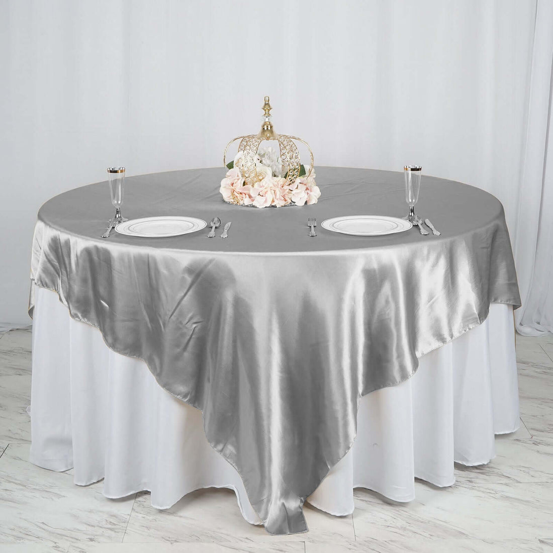 90 Inch x 90 Inch Silver Satin Square Tablecloth Overlay
