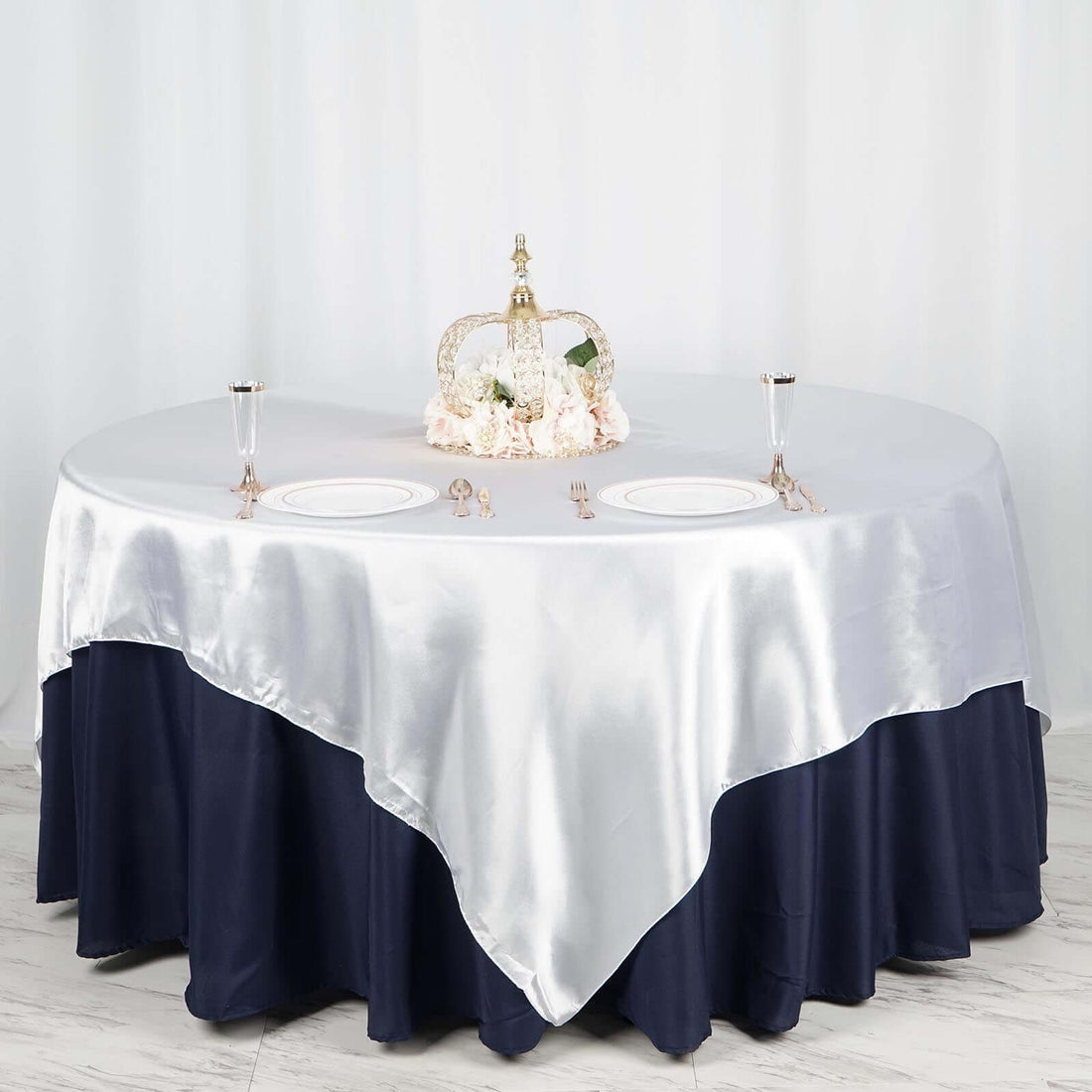 90 Inch x 90 Inch White Satin Square Tablecloth Overlay