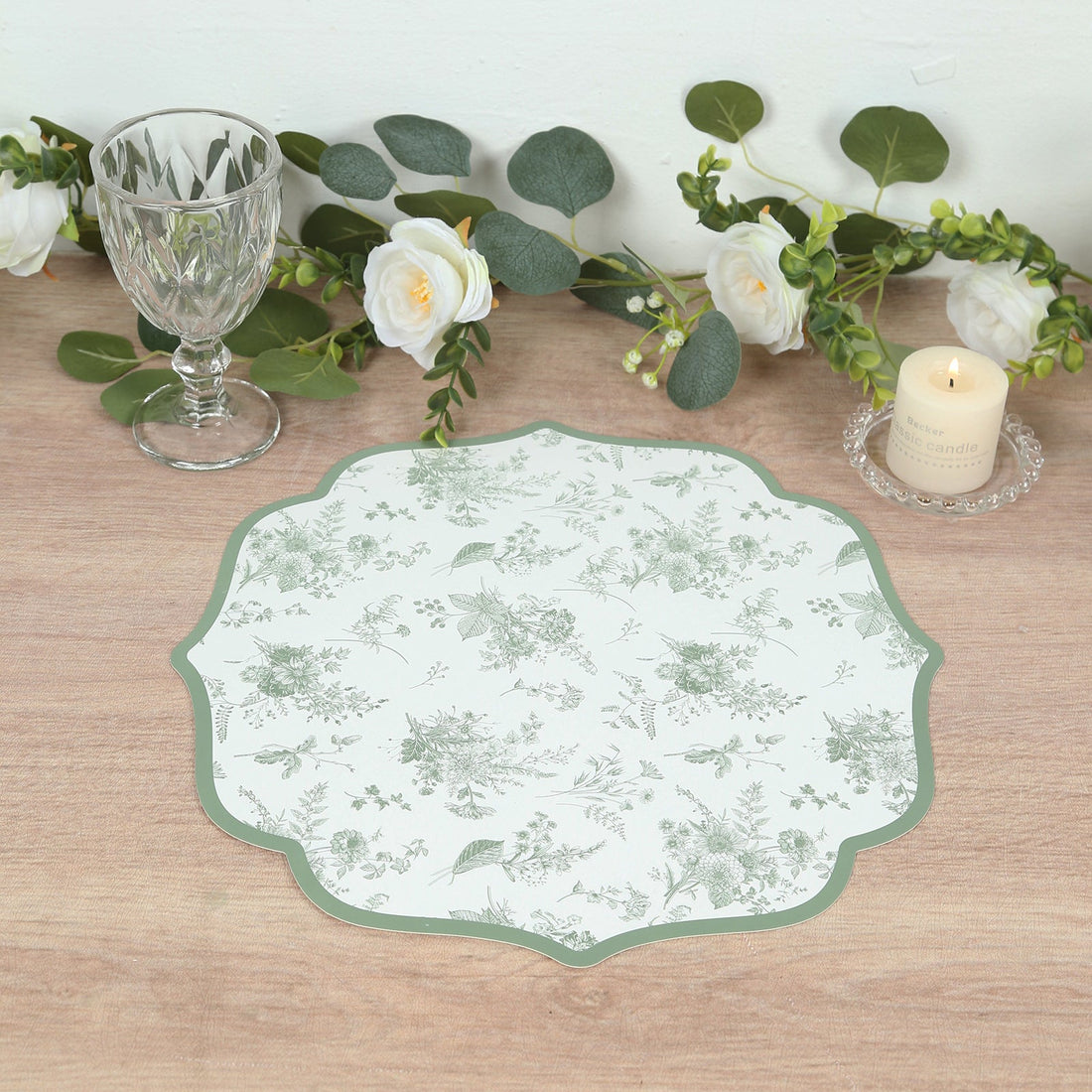 10-Pack Disposable Table Placemats Sage Green with French Toile Pattern & Scalloped Rim