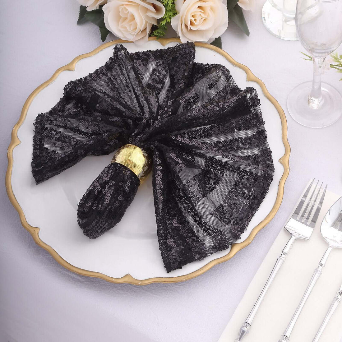 Black Geometric Diamond Glitz Sequin Dinner Napkins, Decorative Reusable Cloth Napkins