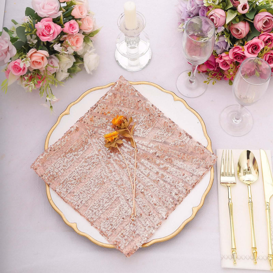Blush Rose Gold Geometric Diamond Glitz Sequin Dinner Napkins, Decorative Reusable Cloth Napkins
