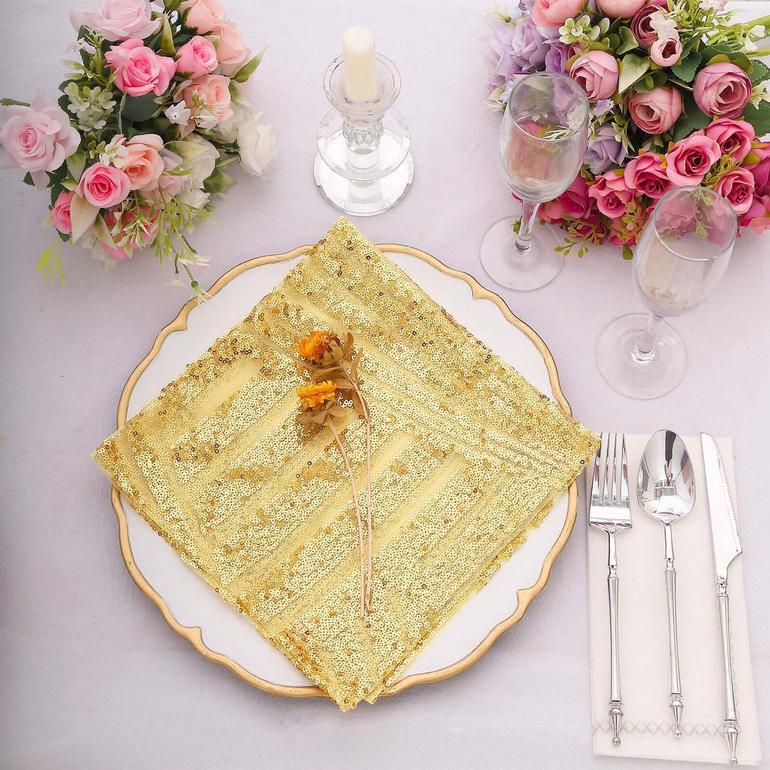 Gold Geometric Diamond Glitz Sequin Dinner Napkins, Decorative Reusable