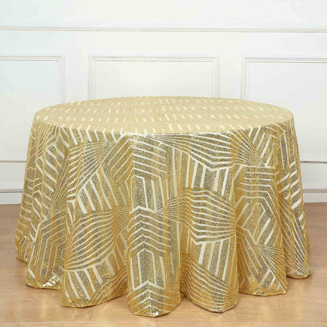120inch Gold Sparkly Geometric Glitz Art Deco Sequin Round Tablecloth