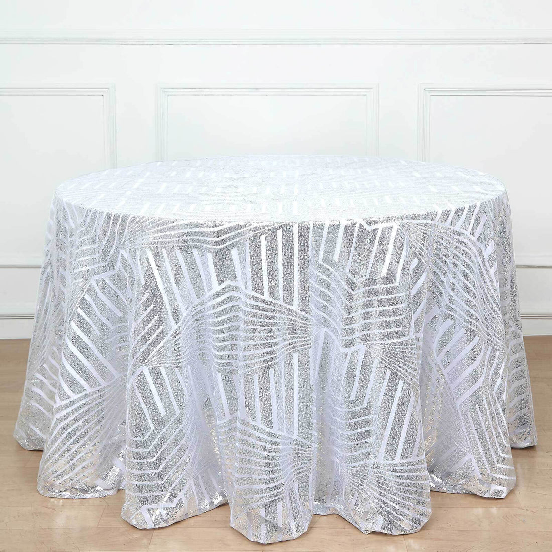 120inch Silver Sparkly Geometric Glitz Art Deco Sequin Round Tablecloth