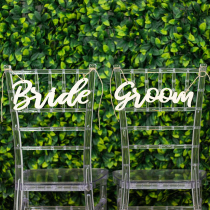 Set of 2 Natural Wood Bride and Groom Chair Signs 12"x5" - Rustic Calligraphy Hanging Wedding Decor & Photo Booth Props