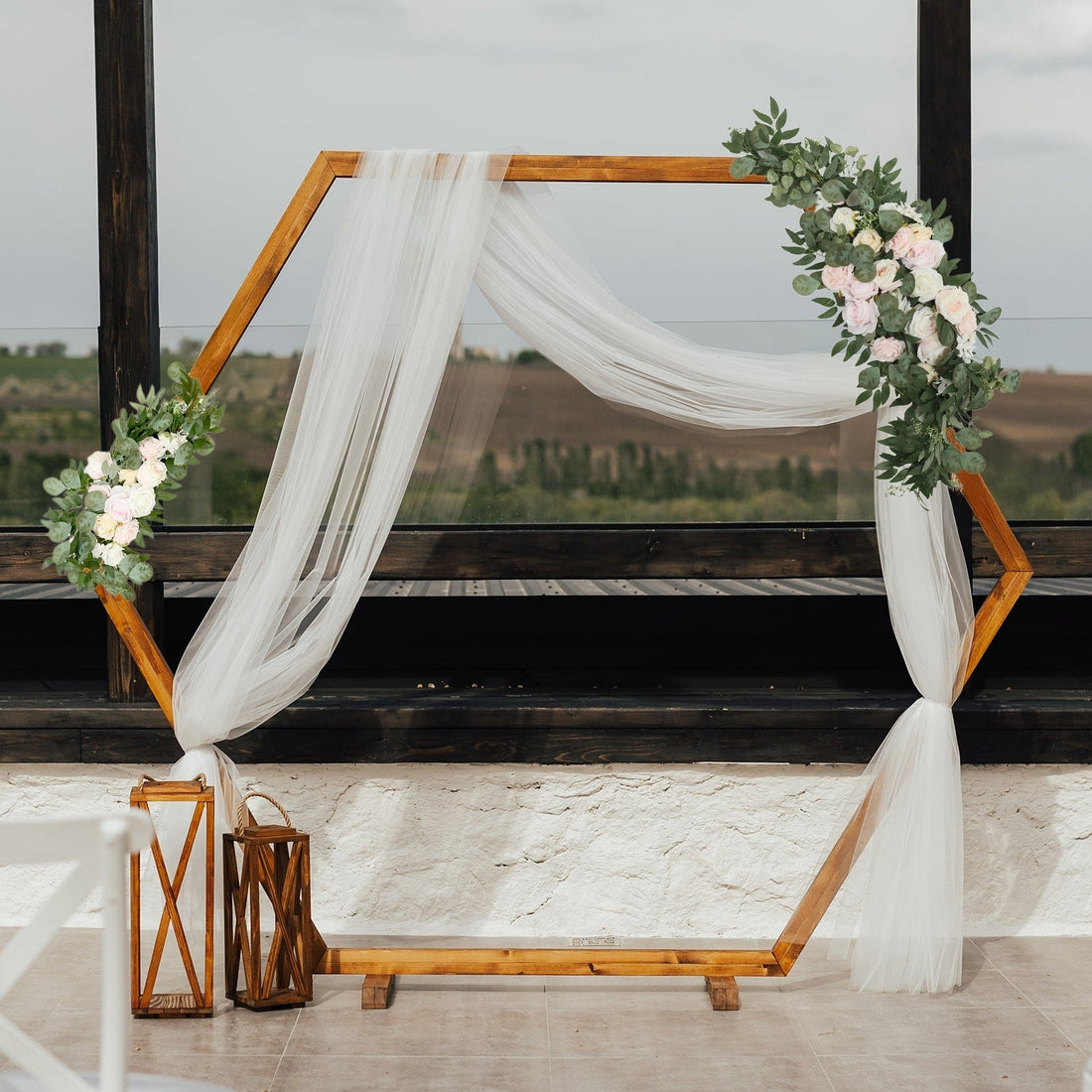 Set of 2 Cream Blush Silk Rose Floral Swag Wedding Arch Decor with Eucalyptus Leaves