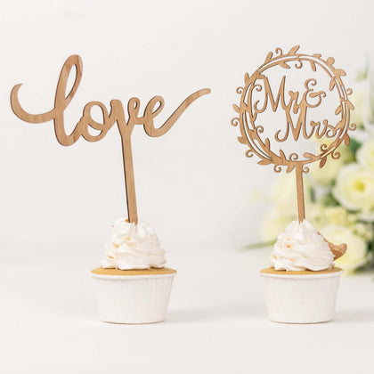 Set of 2 Wooden Cake Toppers Natural Mr & Mrs and Love Design - Rustic Wedding Cupcake Decorations