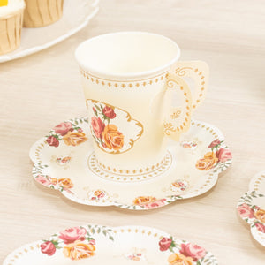Set of 25 Paper Cups and Saucers in Ivory with Rose Floral Print - Disposable Tea Party Decorations for Vintage & Floral Themed Events