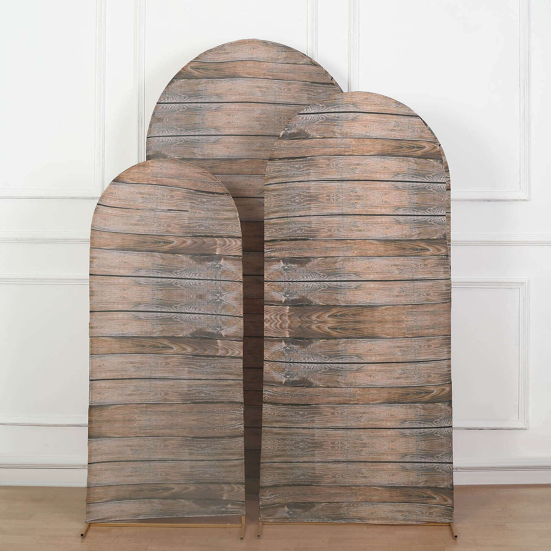 Set of 3 | Brown Rustic Wood Plank Pattern Spandex Fitted Wedding Arch Covers For Round Top Chiara