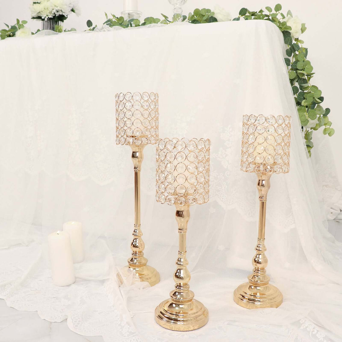 3 Set Gold Crystal Beaded Goblet Centerpieces 18 Inch 16 Inch 14 Inch