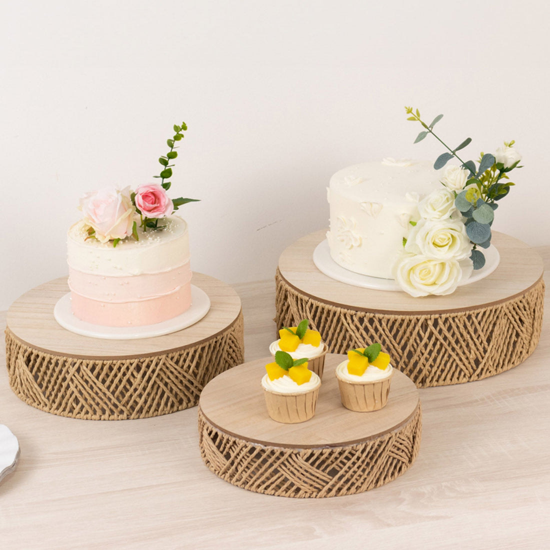 Set of 3 Natural Jute Rattan Pedestal Cake Stands with Top Wooden Plates, Stackable