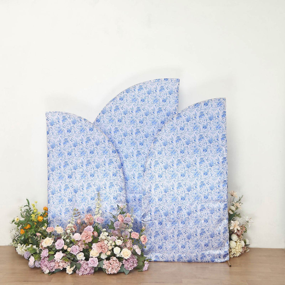 Set of 3 White Blue Satin Chiara Backdrop Stand Covers in French Toile Floral Pattern