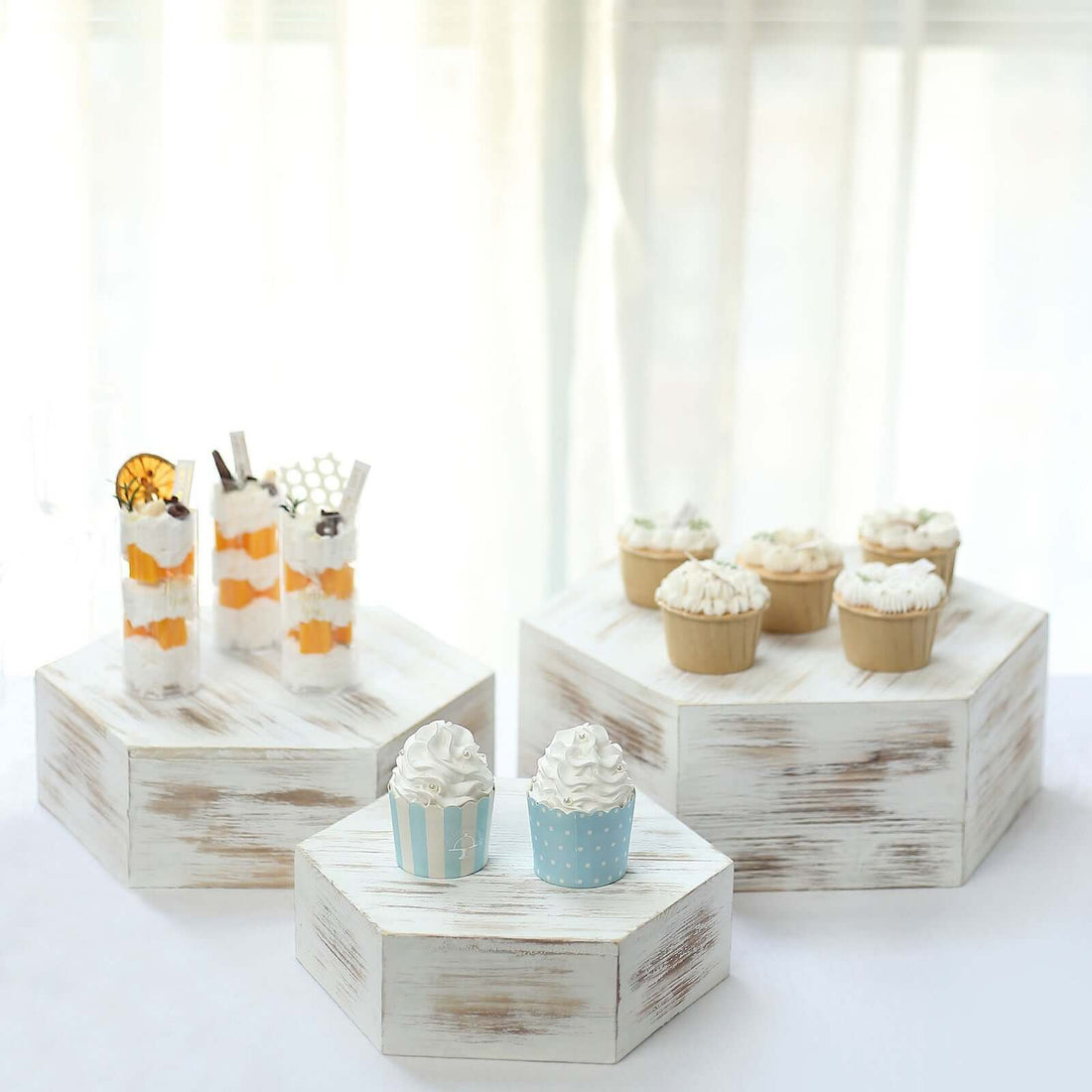Set of 3 | Whitewashed Hexagonal Wooden Dessert Holder Display Boxes