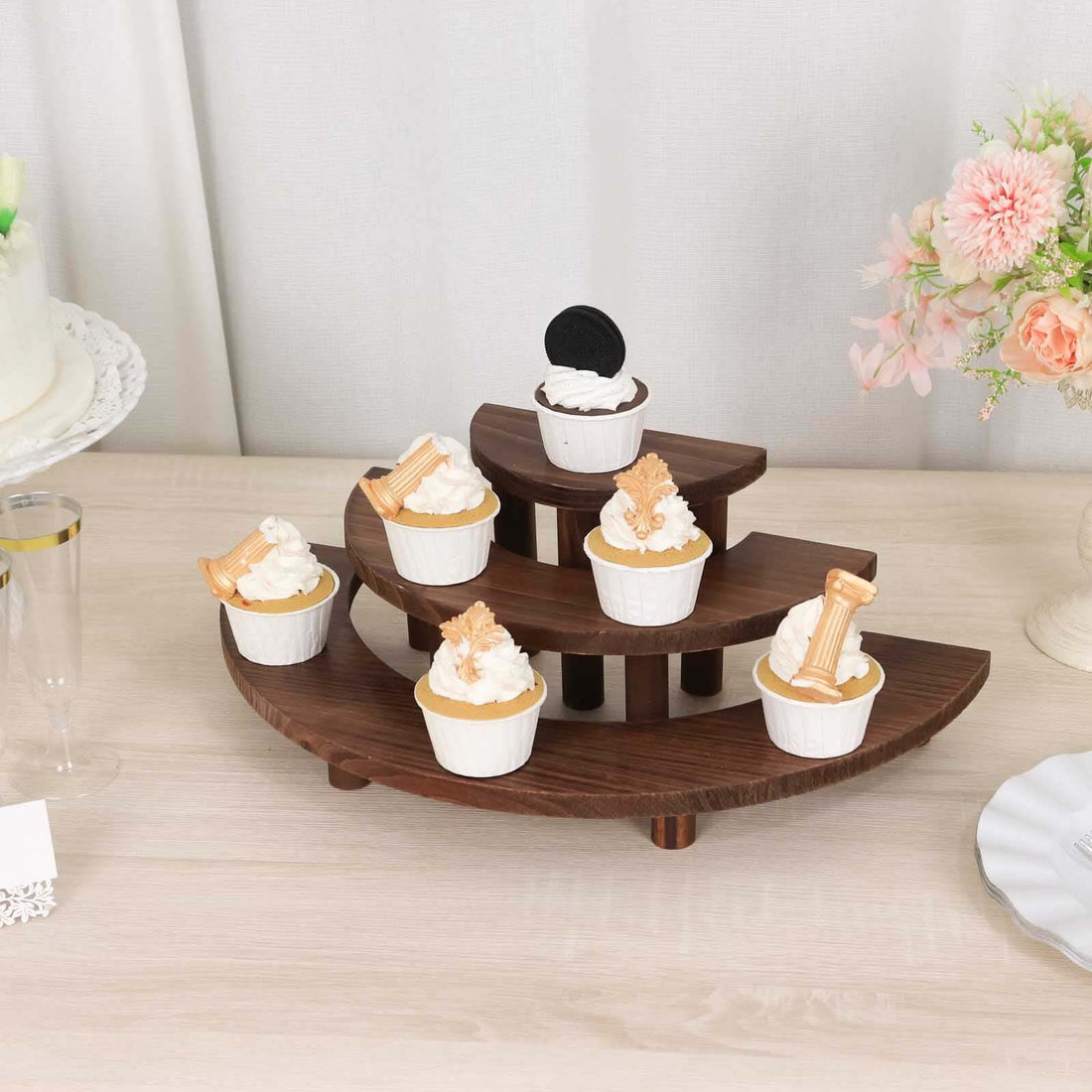 Set of 3 Rustic Brown Wood 3-Tier Semicircle Dessert Pedestals, Half Moon Cupcake