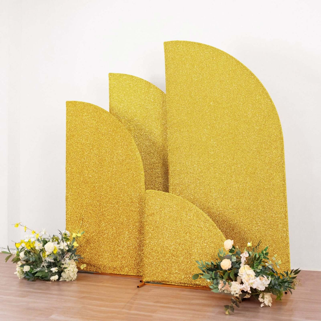 Set of 4 Gold Chiara Backdrop Stand Covers Shimmer Tinsel Finish, Fitted Covers For Half Moon
