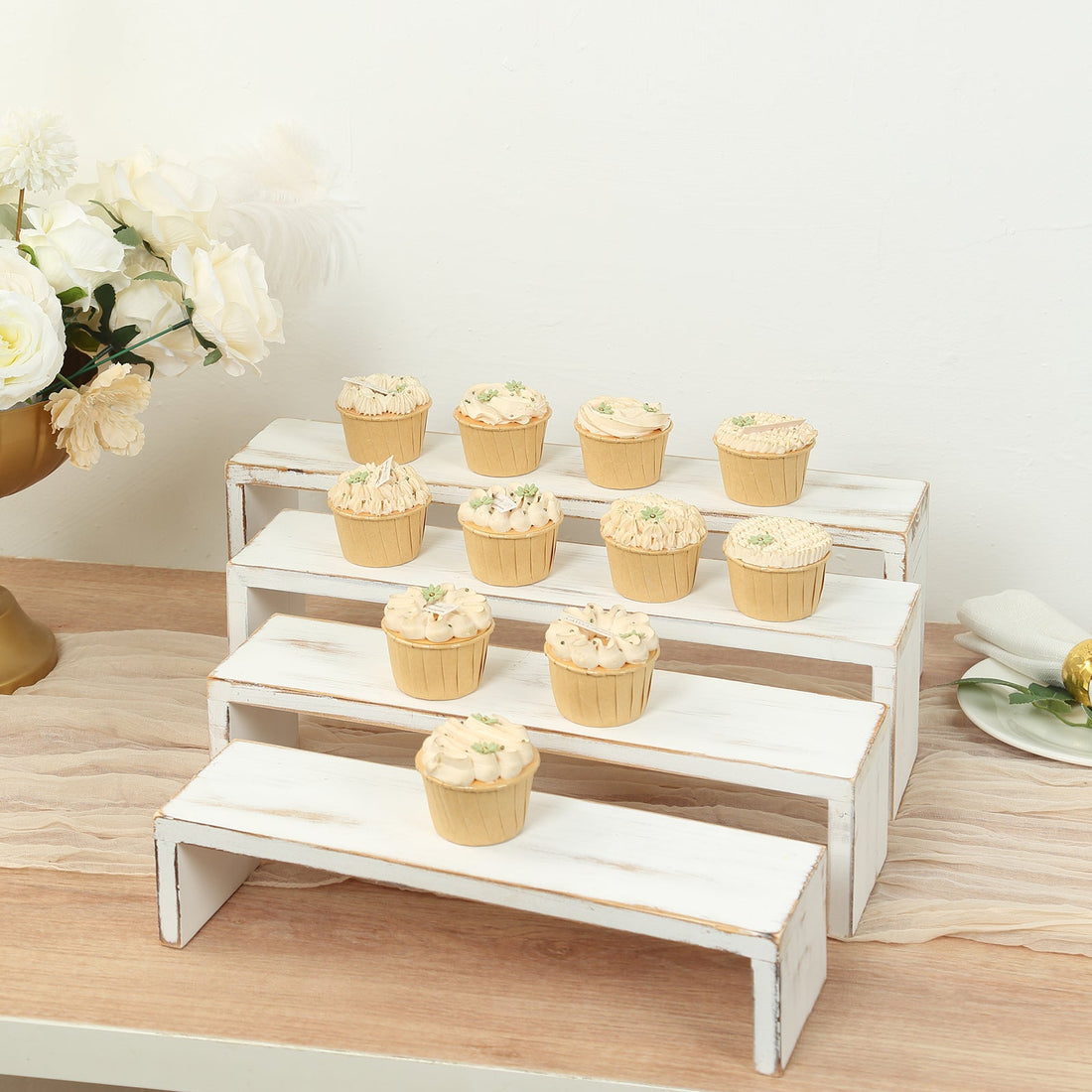 Set of 4 Whitewash Wood Display Risers Pedestal Stands in Rectangular Bench Style