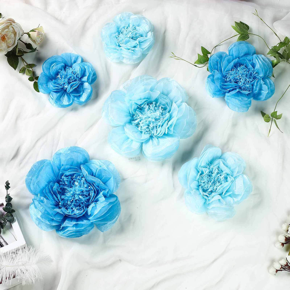 6 Pack Periwinkle & Turquoise Assorted Size Paper Peony Flowers - 7" | 9" | 11"