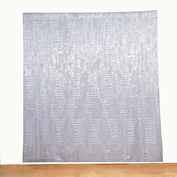 Silver Geometric Sequin Backdrop Drape Curtain with Satin Backing, Seamless Opaque Sparkly Photo Booth Event Divider Panel in Diamond Glitz Pattern - 8ftx8ft