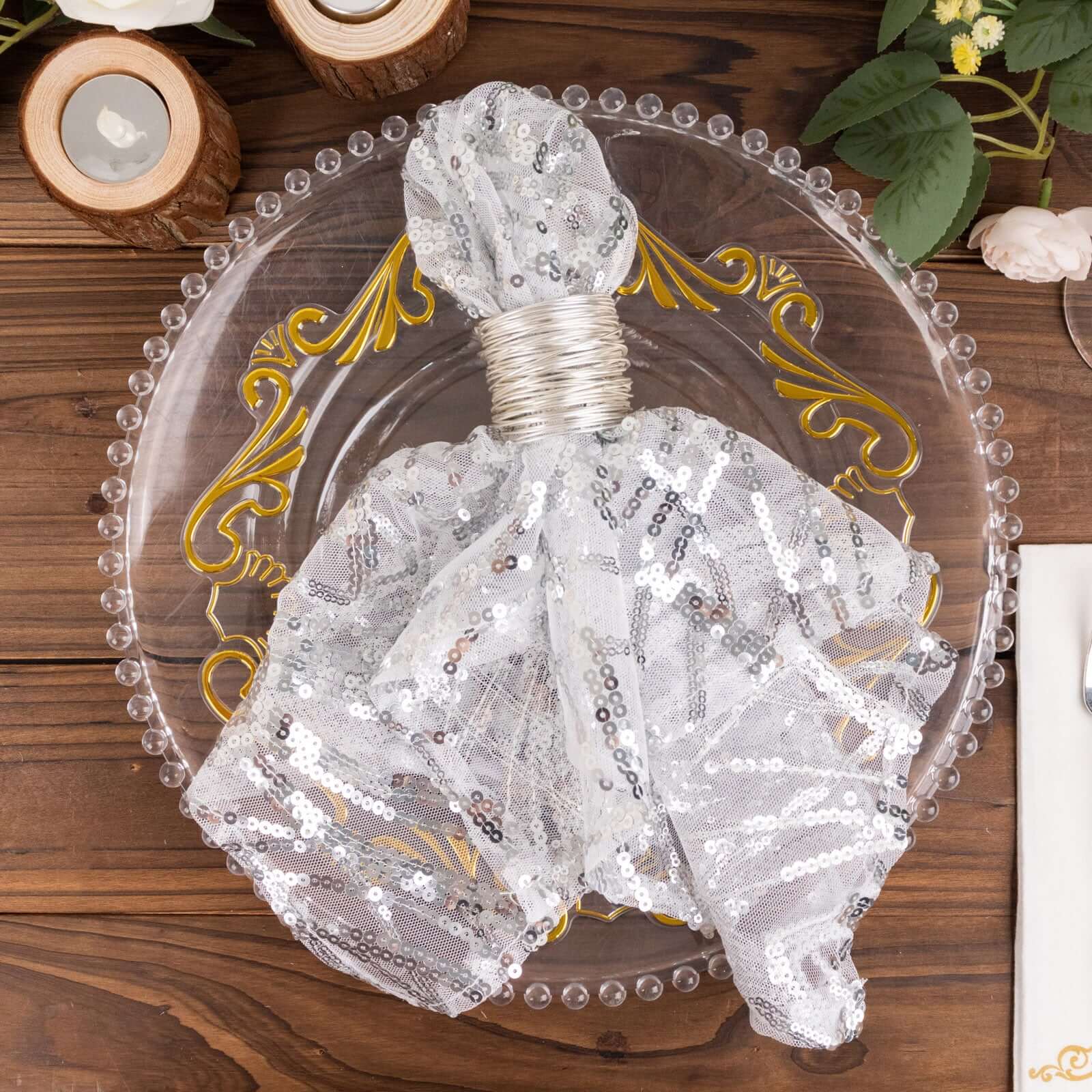 Sparkly Silver Leaf Vine Embroidered Sequin Tulle Cloth Dinner