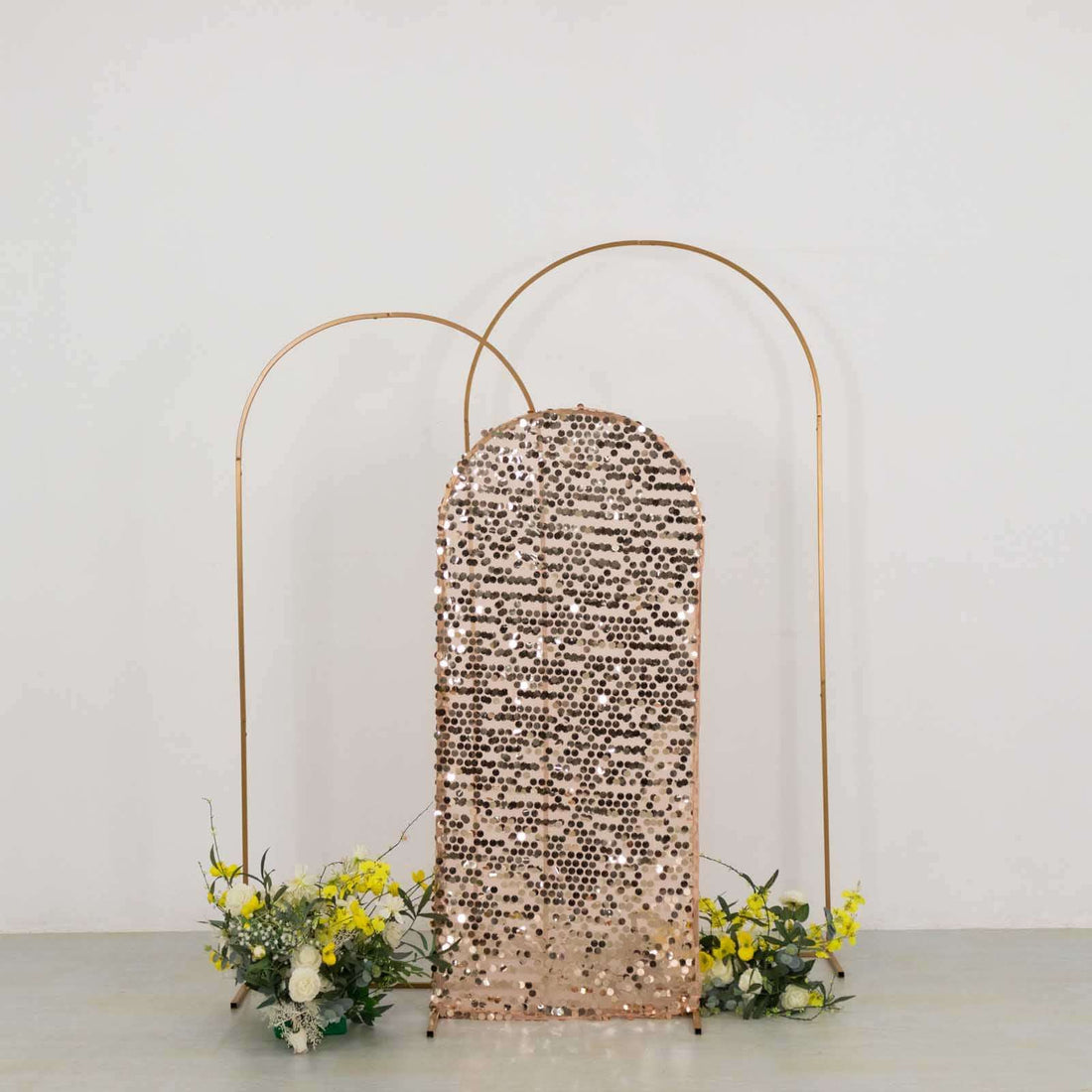 Sparkly Rose Gold Big Payette Sequin Fitted Chiara Backdrop Stand Cover for Round Top Wedding Arch