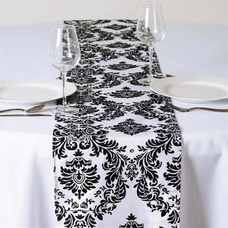 Black Taffeta Damask Flocking Table Runner 12 Inch x 108 Inch