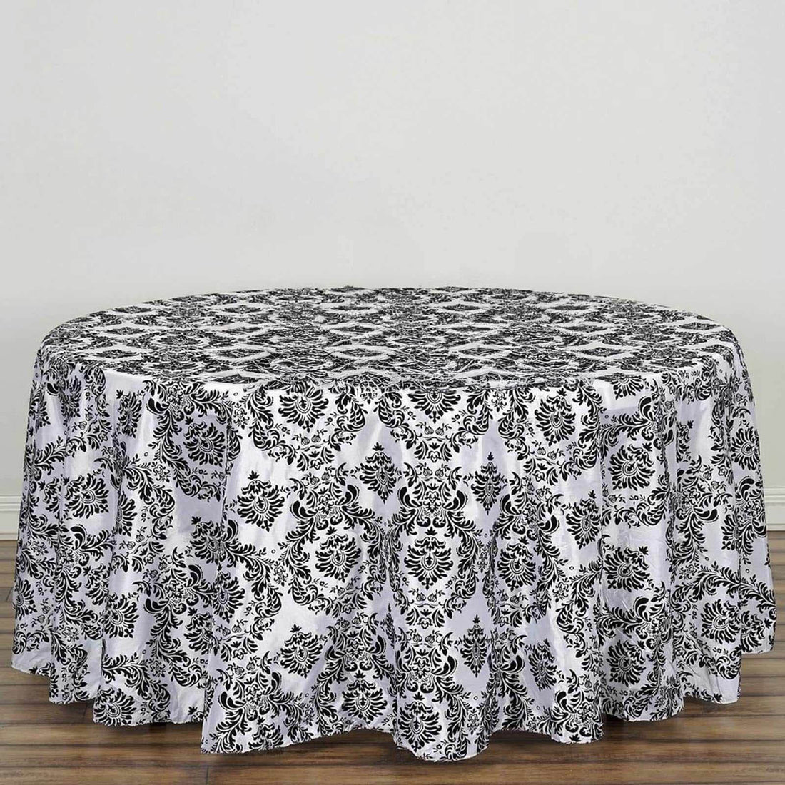 Taffeta Round Tablecloth 120" Black with Velvet Flocking Damask Design - Seamless Finish for Formal Occasions
