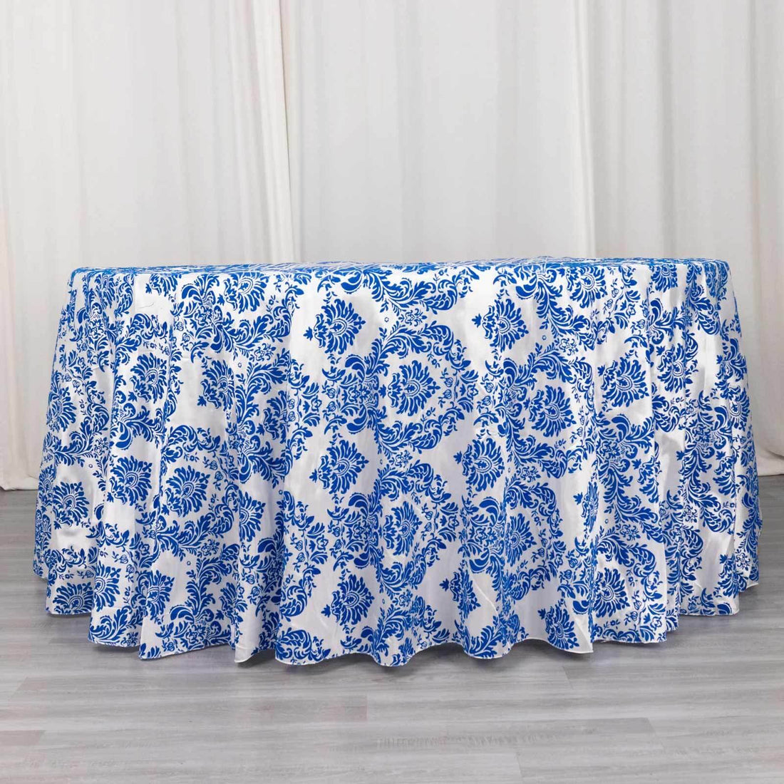 Taffeta Round Tablecloth 120" Royal Blue with Velvet Flocking Damask Design - Seamless Finish Table Cover