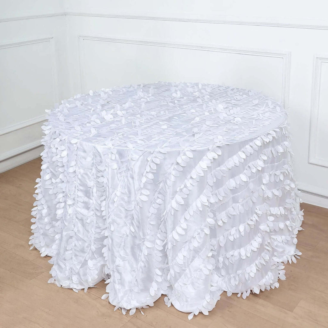 White 3D Leaf Petal Taffeta Fabric Round Tablecloth 120 Inch
