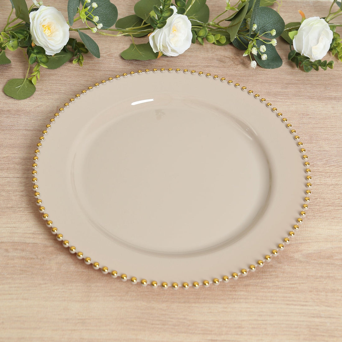 10-Pack Economy Plastic Charger Plates 13" Round Taupe with Gold Beaded Rim - Stylish Dinner Party