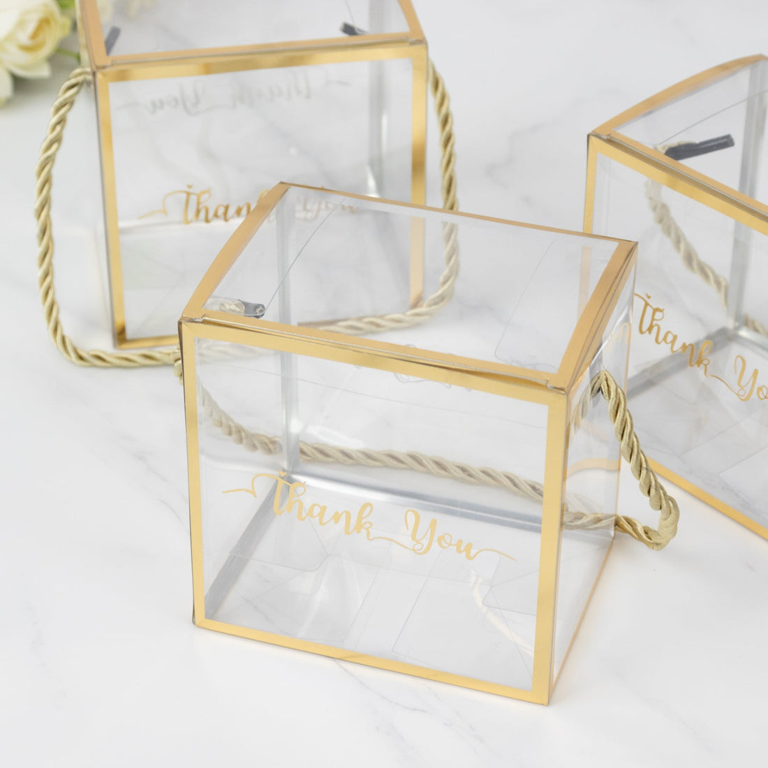 25 Pack Plastic Clear Cube Gift Boxes with Gold Trim - Transparent Favor Boxes, Rope Handle