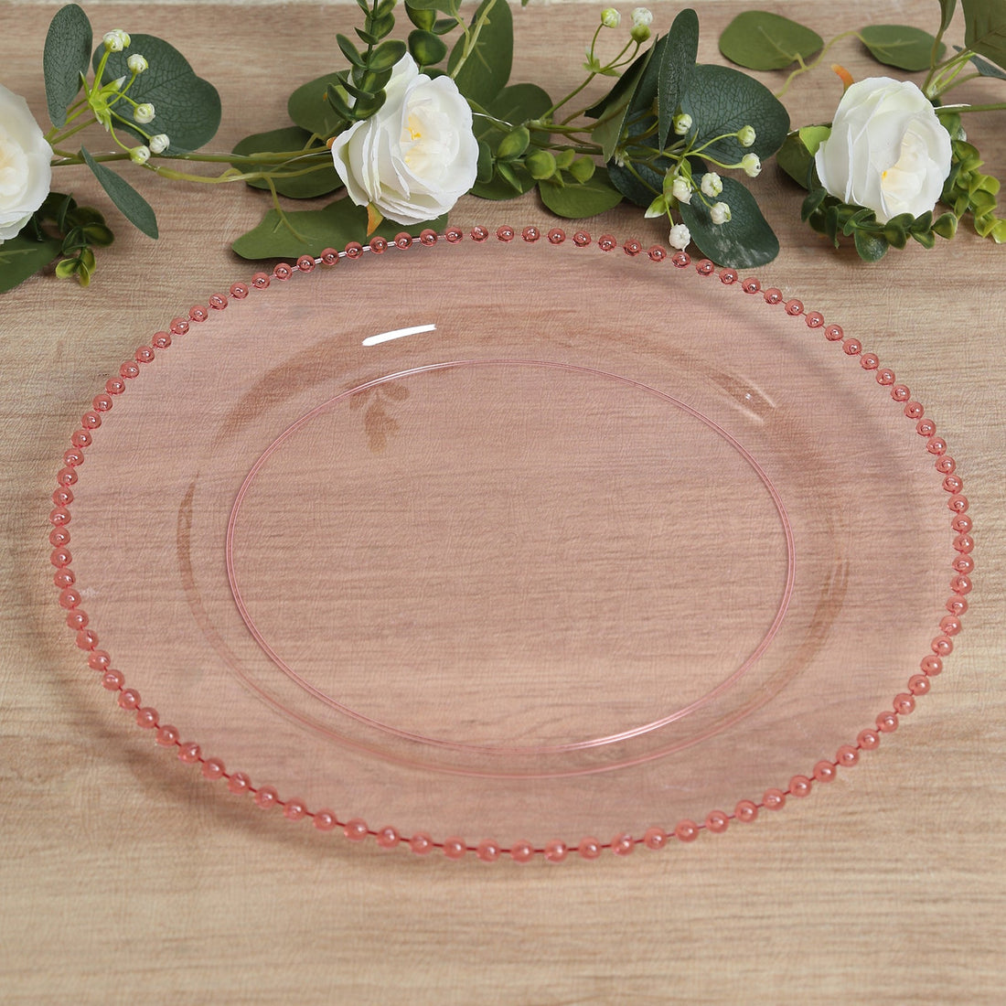 10-Pack Economy Plastic Charger Plates 13" Round Transparent Blush with Gold Beaded Rim - Stylish