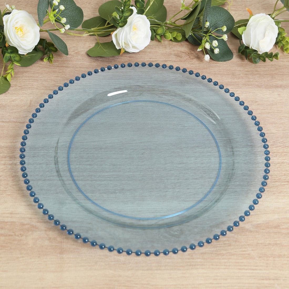 10-Pack Economy Plastic Charger Plates 13" Round Transparent Dusty Blue with Gold Beaded Rim