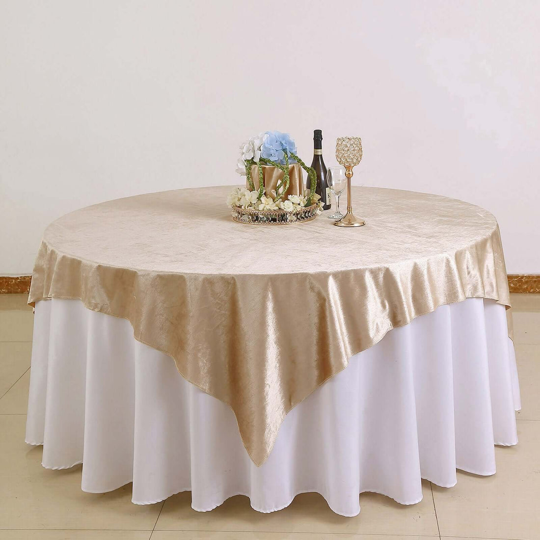 72x72Inch Champagne Premium Velvet Table Overlay, Square Tablecloth Topper

