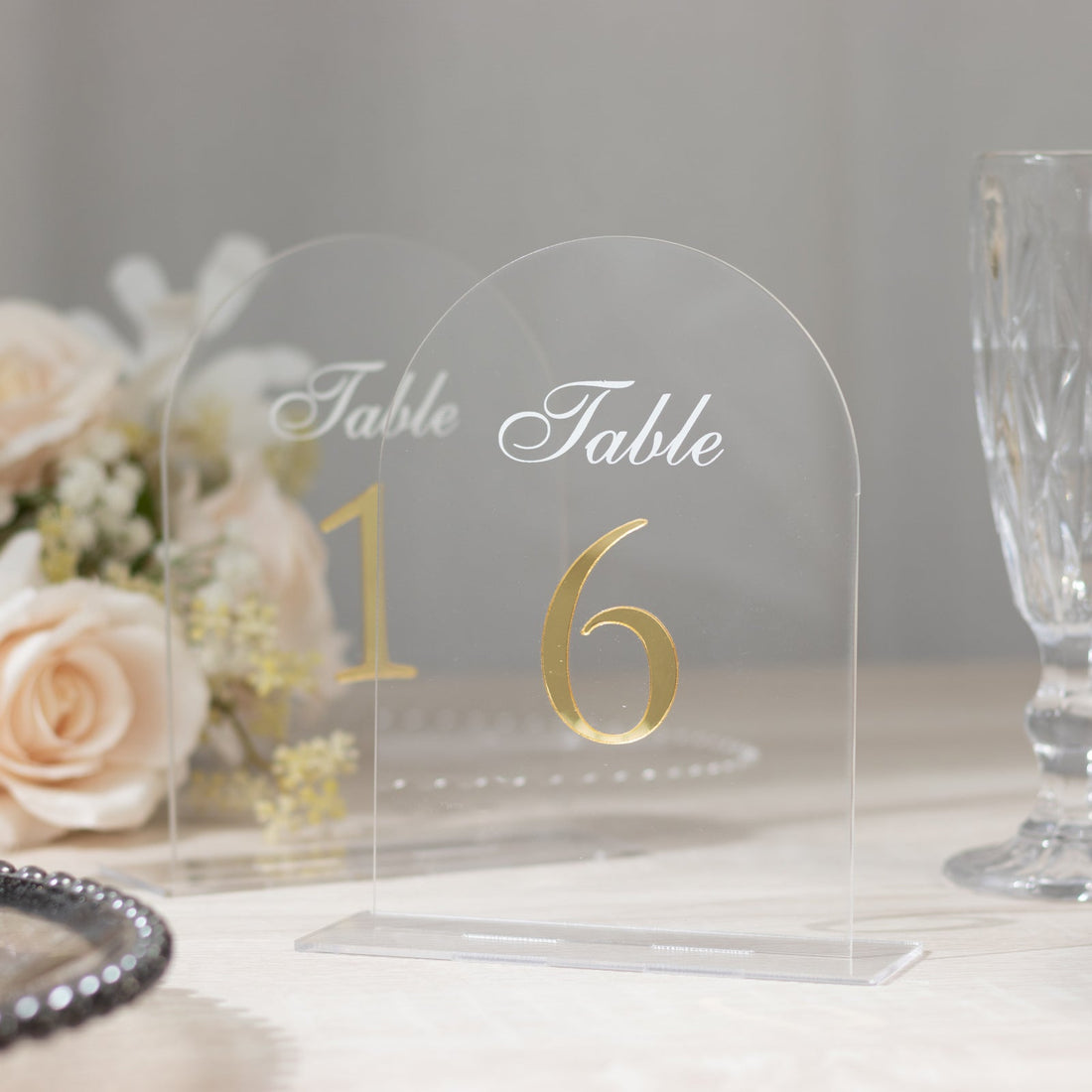 Wedding Table Numbers 1-10 – Clear Arch Acrylic with Gold Print & Stands for Elegant Receptions