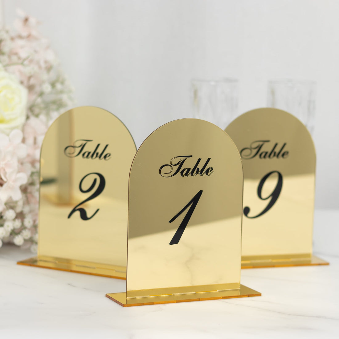 Wedding Table Numbers 1-10 – Gold Mirror Arch Acrylic with Black Print & Stands