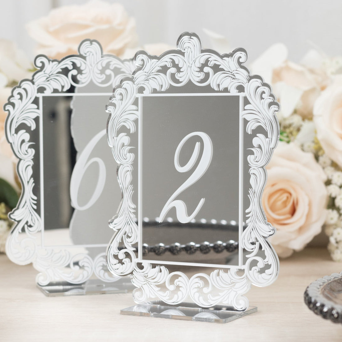 Wedding Table Numbers 1-10 – Silver Mirror Arch Acrylic with Baroque Lace Border, White Print