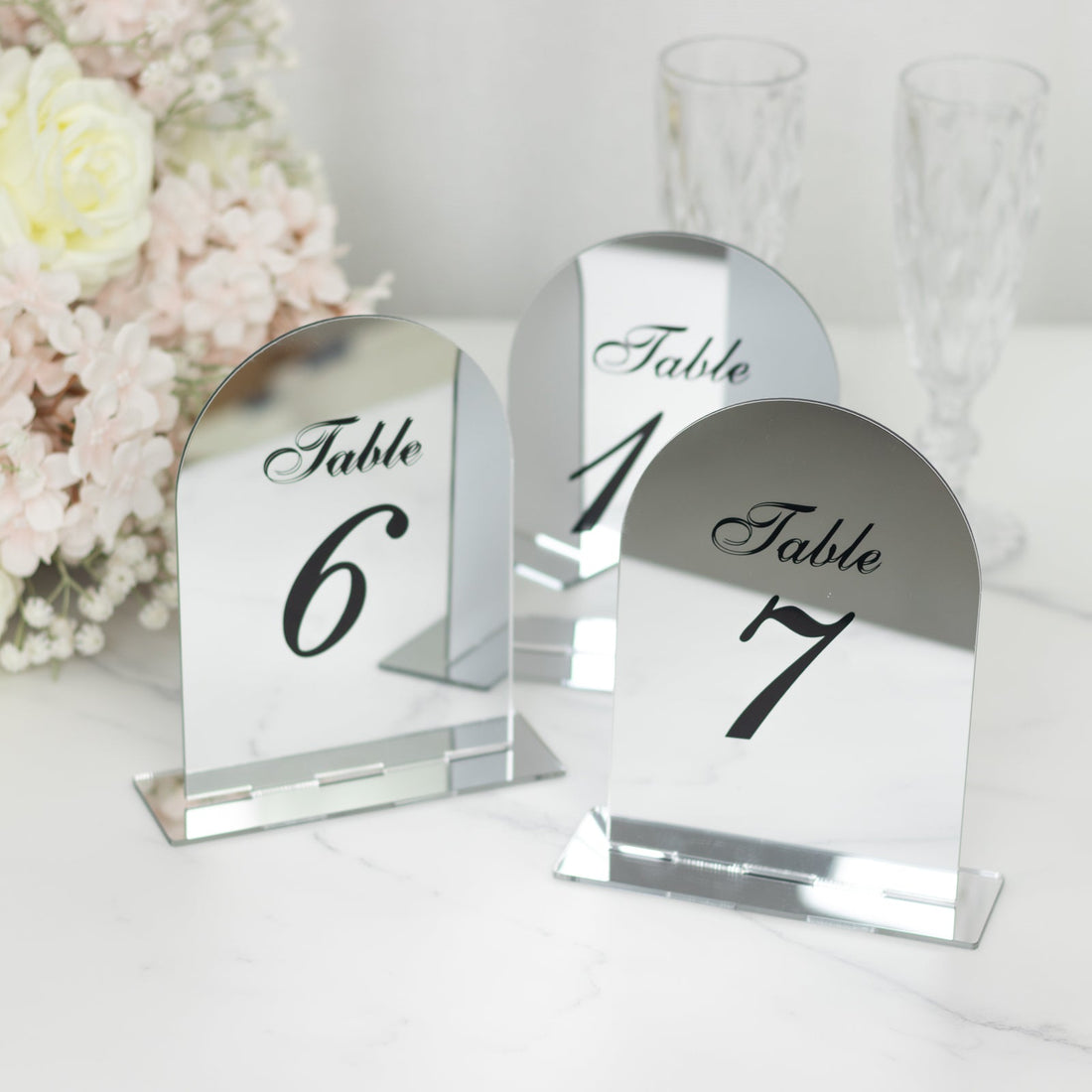 Wedding Table Numbers 1-10 – Silver Mirror Arch Acrylic with Black Print & Stands