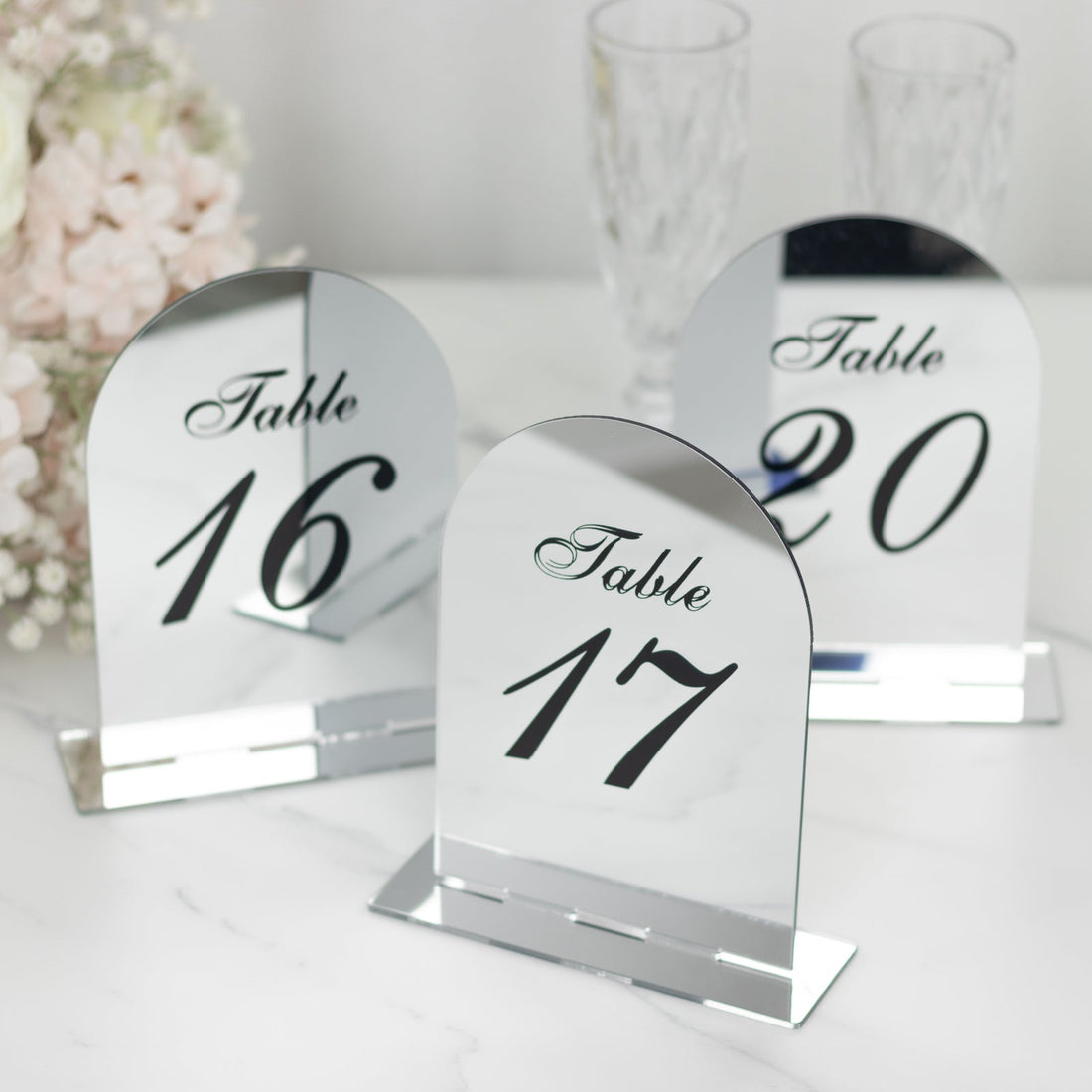 Wedding Table Numbers 11-20 – Silver Mirror Arch Acrylic with Black Print & Stands